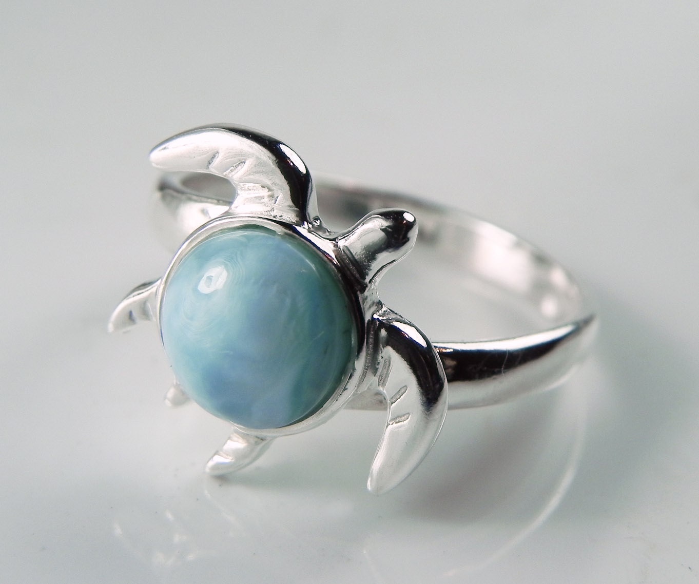 Sea Turtle Ring - Larimar Turtle Jewelry - Unique Gemstone Sterling Silver Turtle Totem - Nautical Sea Life - Aqua Blue Turquoise