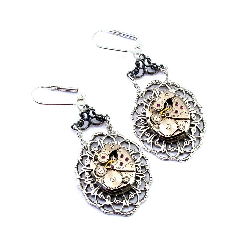 Steampunk Earrings - GORGEOUS Vintage Elgin Watch Movements - Beautiful Clockwork Design - Promptly Shipped Steampunk Jewelry