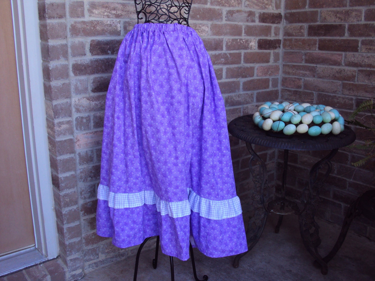 Prairie Party Skirt--pioneer skirt,  victorian skirt, long lavender print with ruffle and gingham ruffle trim--petticoat, pettislip