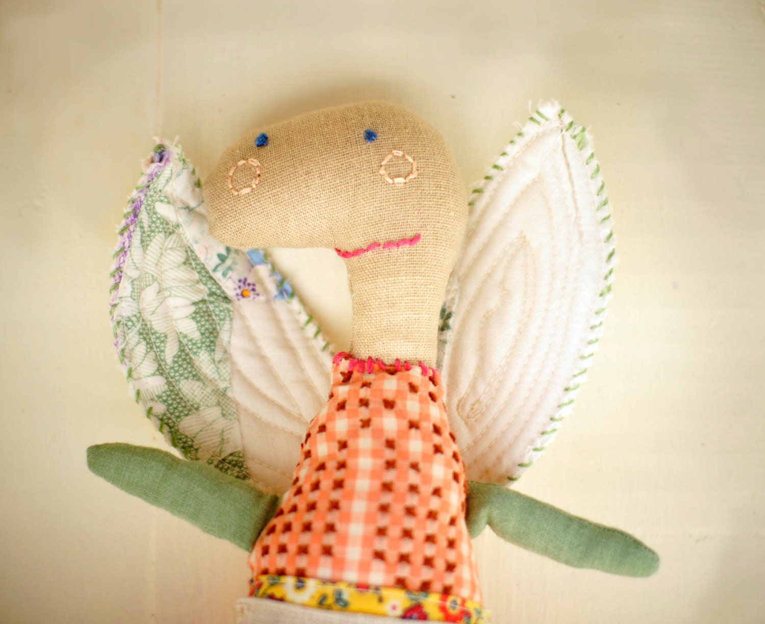 Guardian Angel with vintage quilt wings - on sale