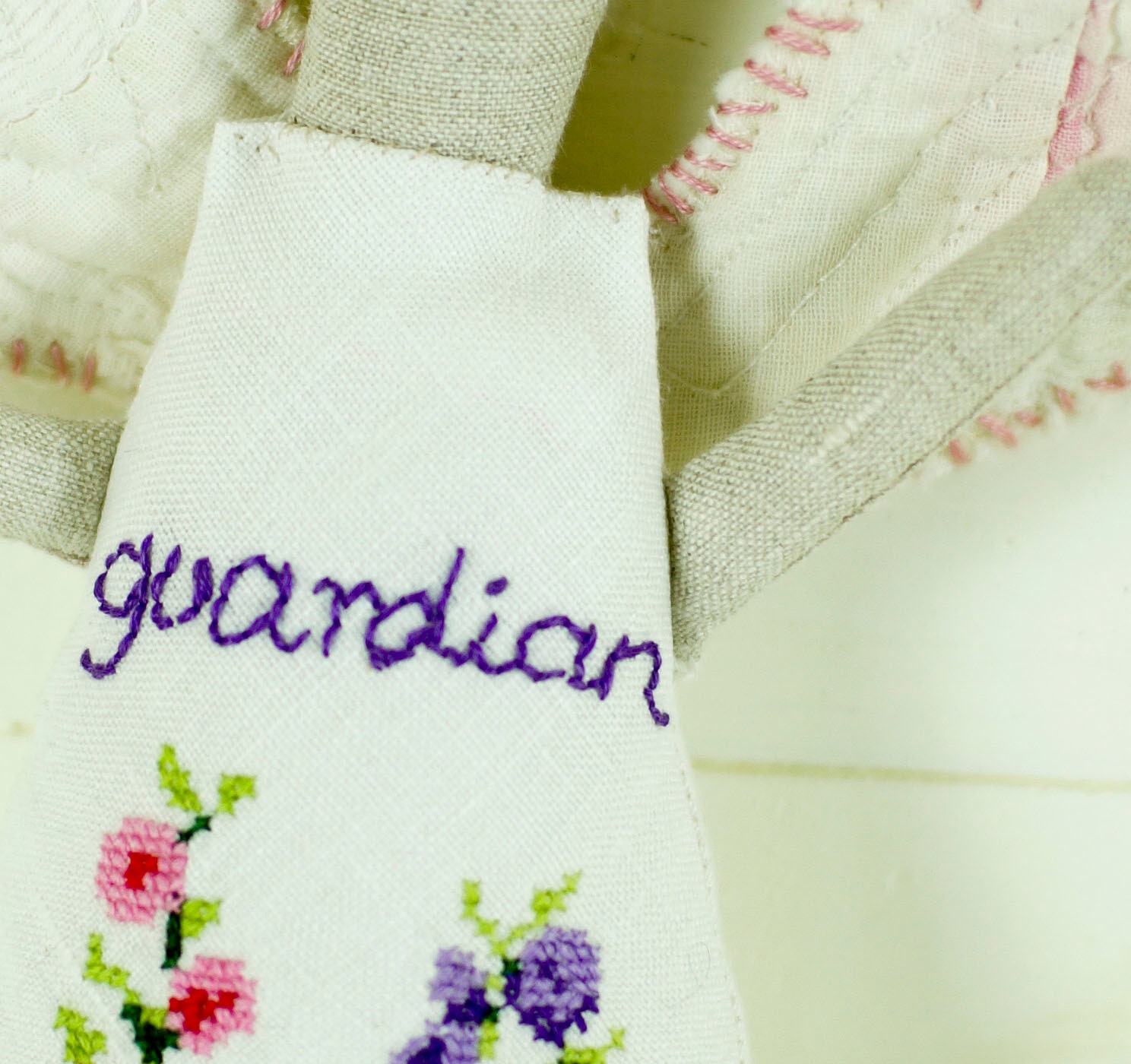 Vintage linen embroidered Guardian Angels- on sale