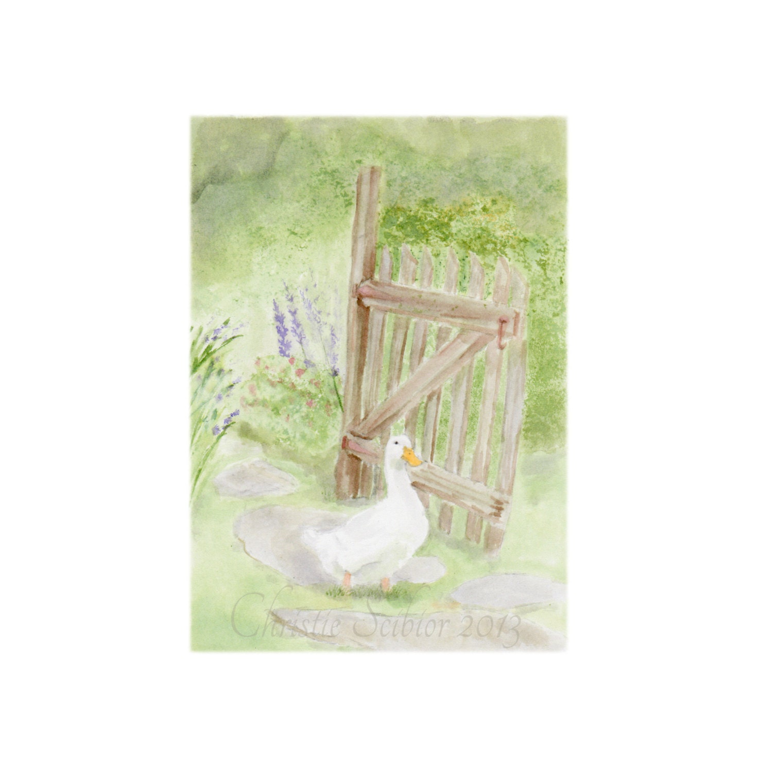 Duck Garden Gate Watercolor painting Art PRINT Shabby Cottage Chic 5x7Archival Nursery Home Decor