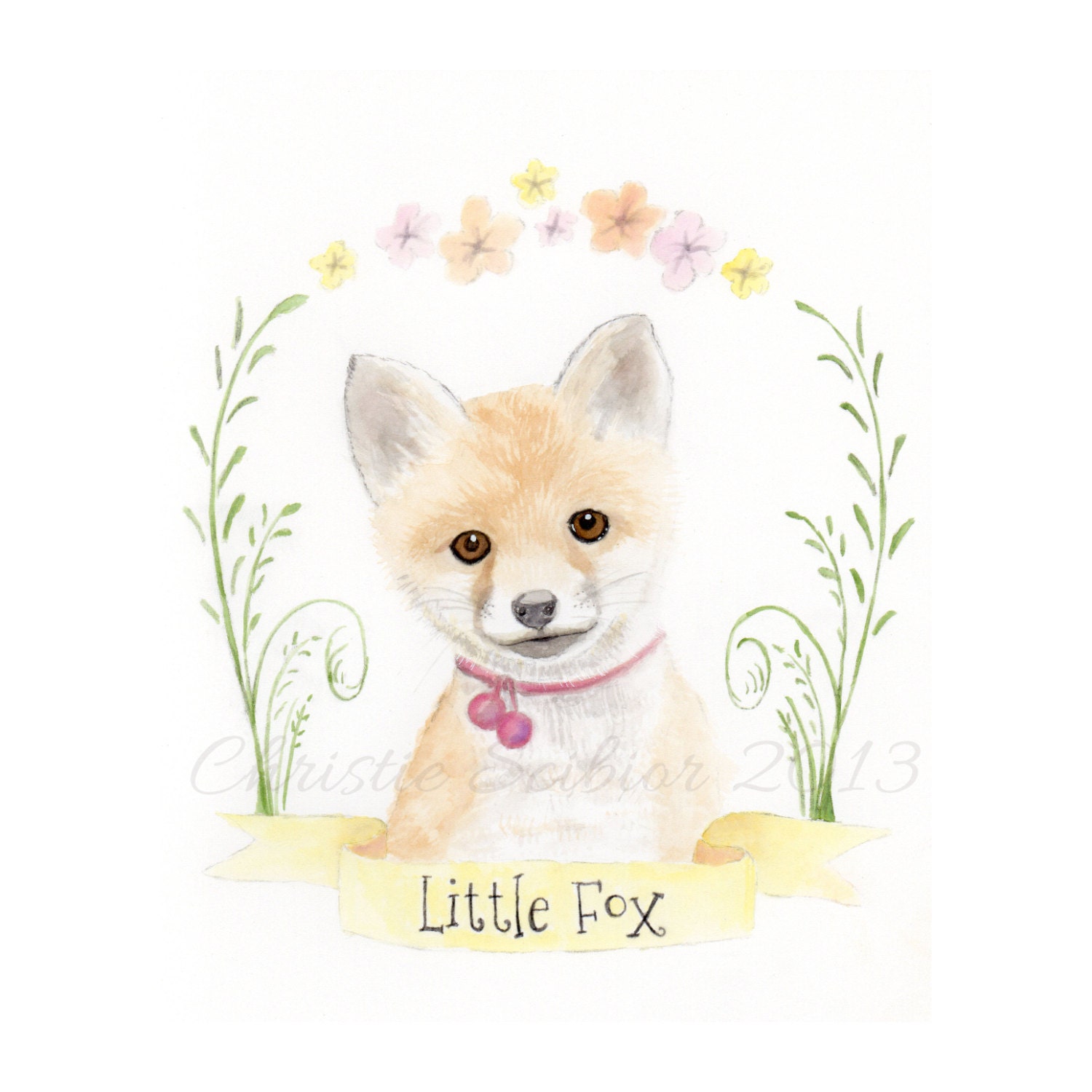 8x10 Art PRINT of animal Watercolor painting Baby Fox shabby cottage chic typography sign hand lettered nursery decor