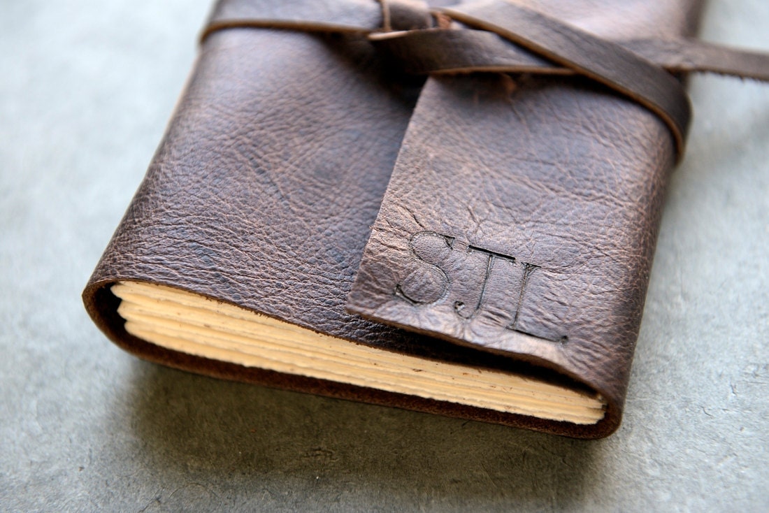 Initials and Title Page - Chocolate Brown Leather Journal or Sketchbook