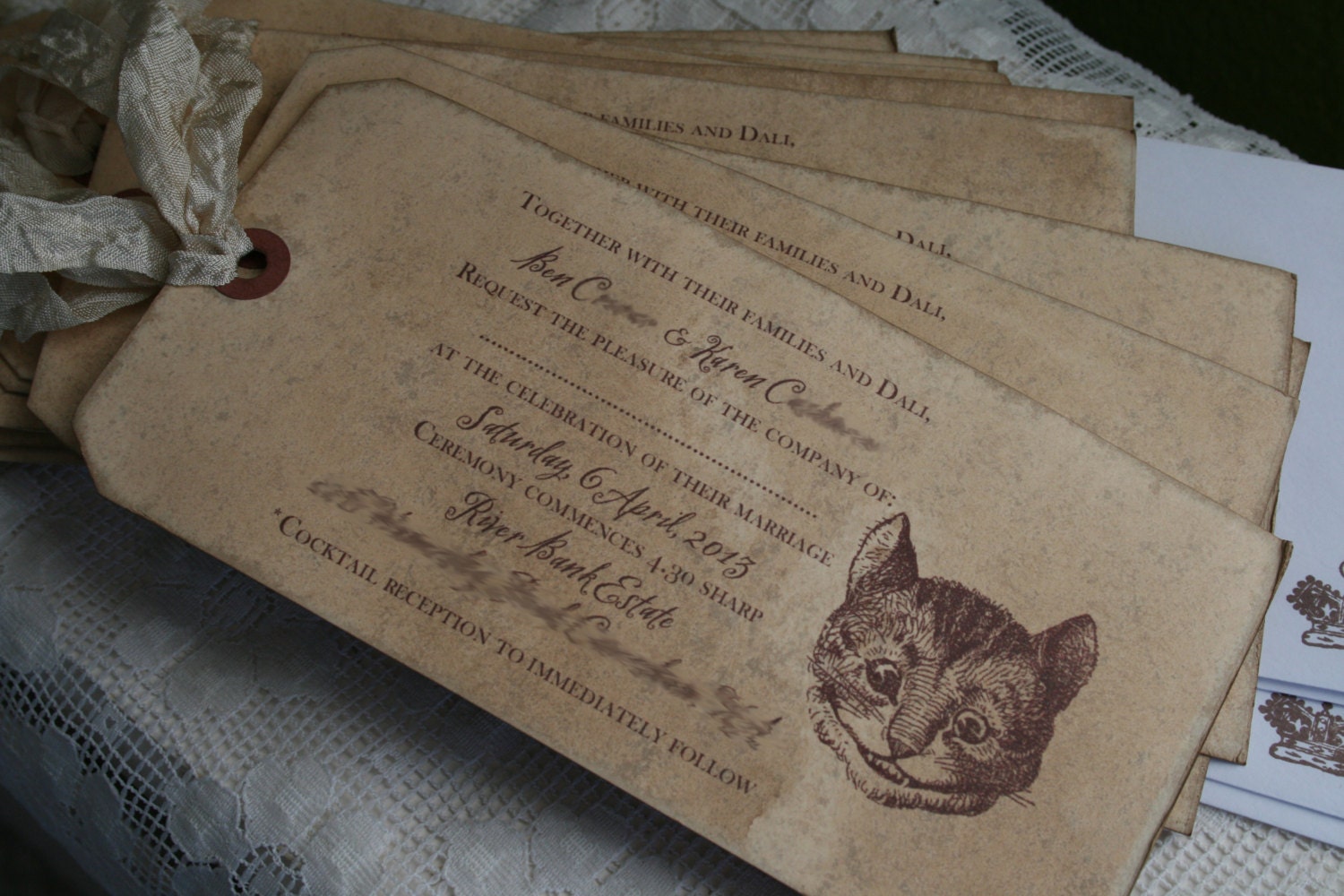 Alice in Wonderland WEDDING Invitations - 24 custom invitations and matching envelopes - your choice of ribbon and image