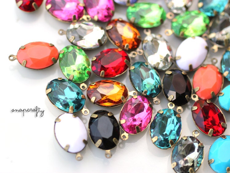 10pc resin oval rhinestone gem charms in antique brass one-loop settings, set stones for your jewelry designs