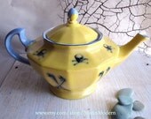 Yellow and Blue Skull and Cross Bones Altered Antique Vintage China Teapot Victorian Skull and Bones