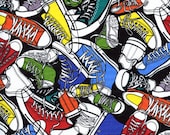 COLORFUL SNEAKERS on BLACK Novelty Sneekers Trainers Running Quilt Fabric - by the Yard