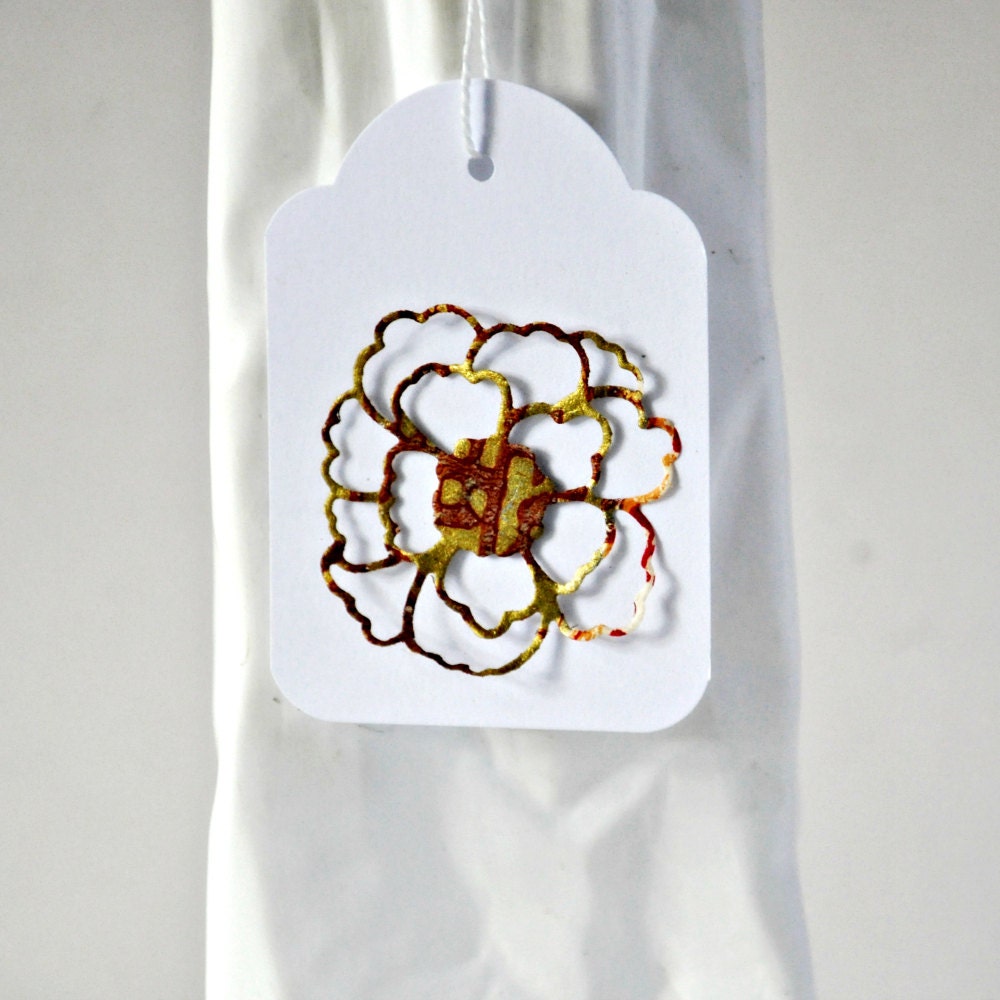 SALE 10 Gold Leaf  Blossum Cutout  Large Tags Threaded White
