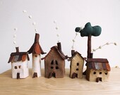 Miniature felt houses with tree, Home decor. Textil art.