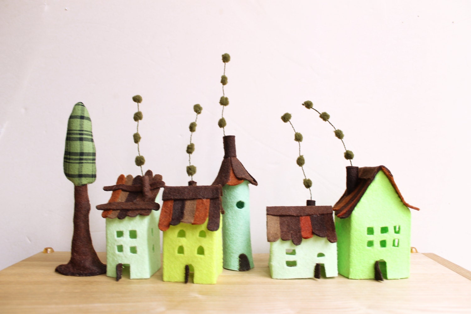 Small village in pastel greens, Miniature.