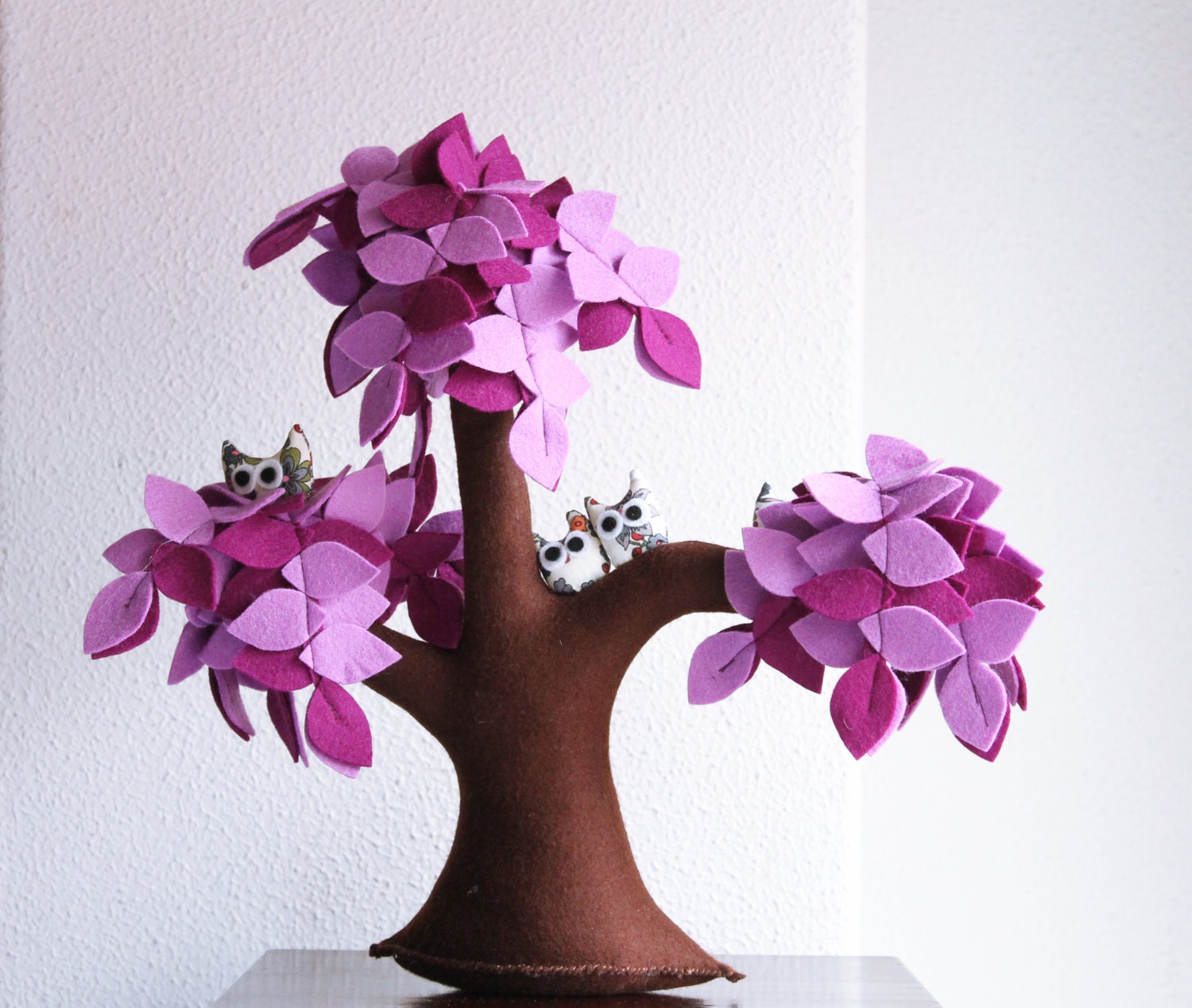 Purple Weeping Willow with a family of owls. Home decor, Felt Tree.