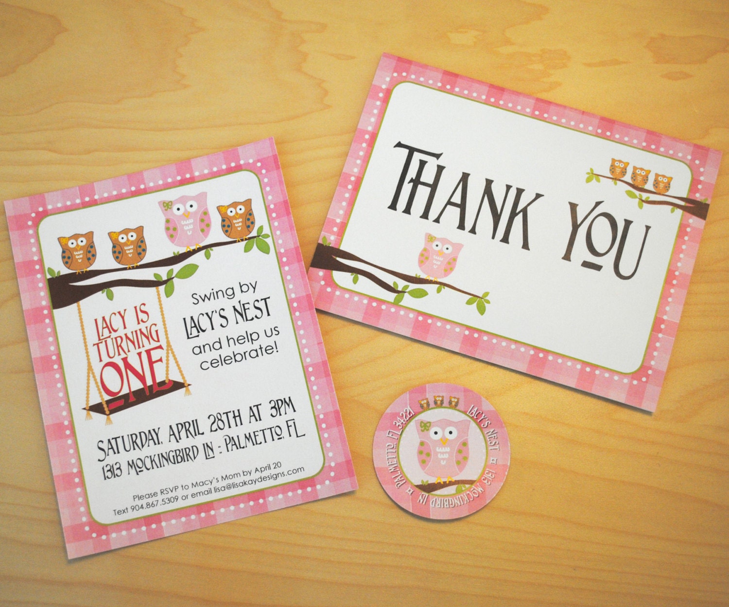 Adorable Owl Invitation, Thank You, and Return Address Label in Pink Plaid with Blue, Brown and Green Acents - Personalized and Printable