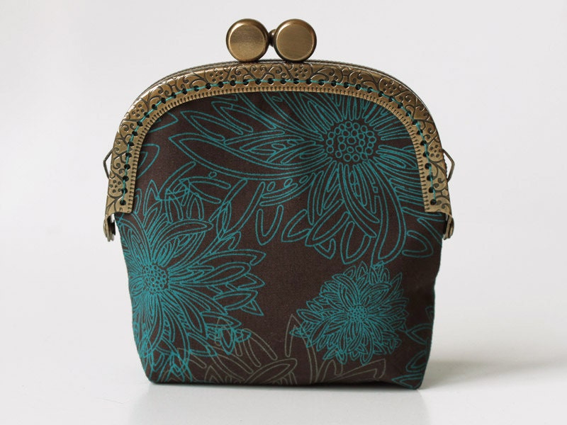 Coin purse in teal and brown with flowers