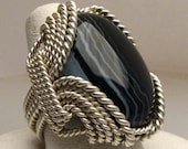 Handmade Sterling Silver Wire Wrap Black Striped Onyx Ring