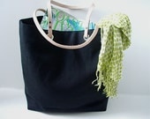 Beach Bags, Casual Tote Bag, Black Linen Tote with Tan Leather Handles, Women, Large Tote Bag, Black Bag, Market Tote Bag