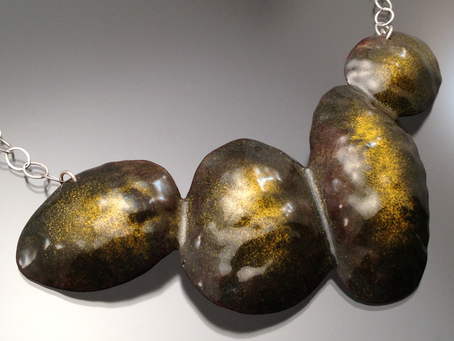 Brown and Gold Enameled Necklace on Sterling Silver Chain with Adjustable Clasp