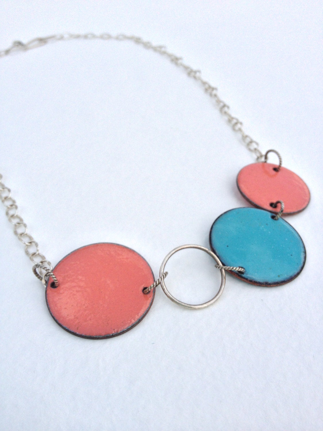 Enameled Necklace. Coral and Turquoise with Sterling Silver Chain