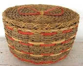 Antique Sweet Grass Sewing, Utility Basket w Lid in Red, Green, Yellow Old Dye Colors, A One Condition