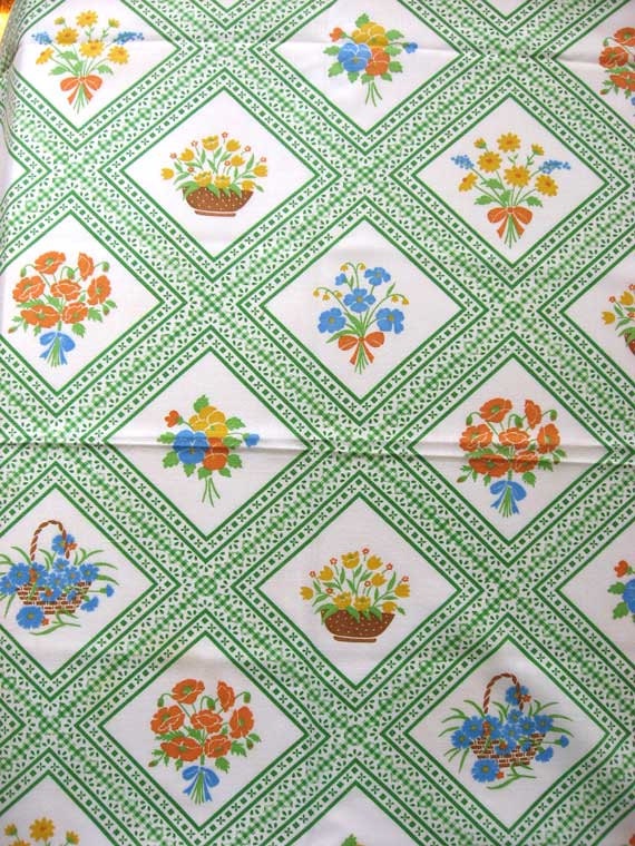 Vintage 1950's Cotton Fringed Tablecloth or Fabric, Flowers and Baskets in Green Lattice Design