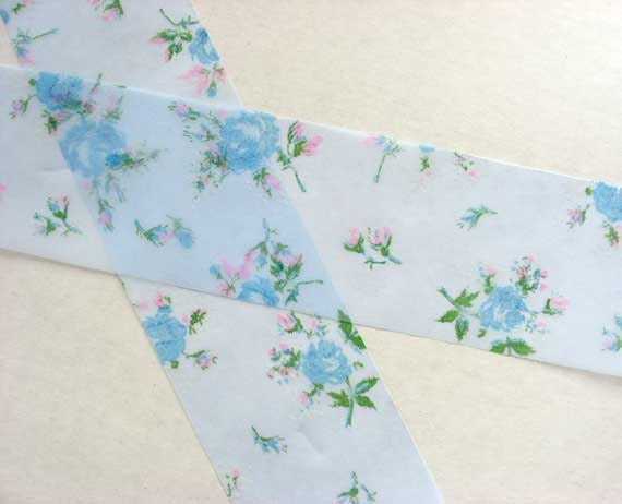 3 Yard Length of 1950's Vintage Organdy Ribbon, Trim, Blue Roses, Little Pink Flowers, Romantic