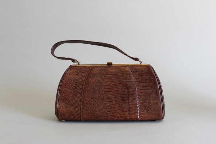Vintage Bag / 1950s Reptile Bag / 50s Brown Leather Reptile Purse