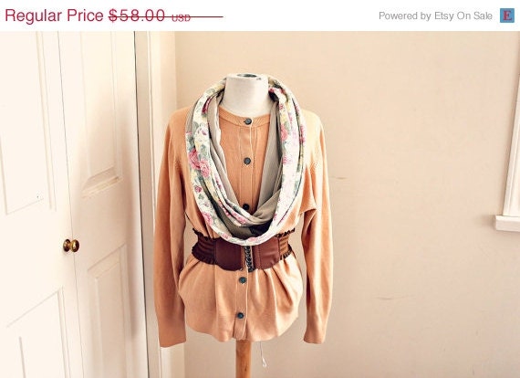 ON SALE The wall flower2. infinity scarf. vintage and floral jersey knit fabric.