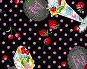 Half Yard Japanese Cotton Fabric Parfait Ice Cream Strawberries Dollies Polka Dots Black