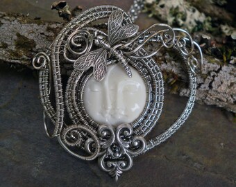 The Lovers and The Dragonfly Pendant Carved Sun and Moon