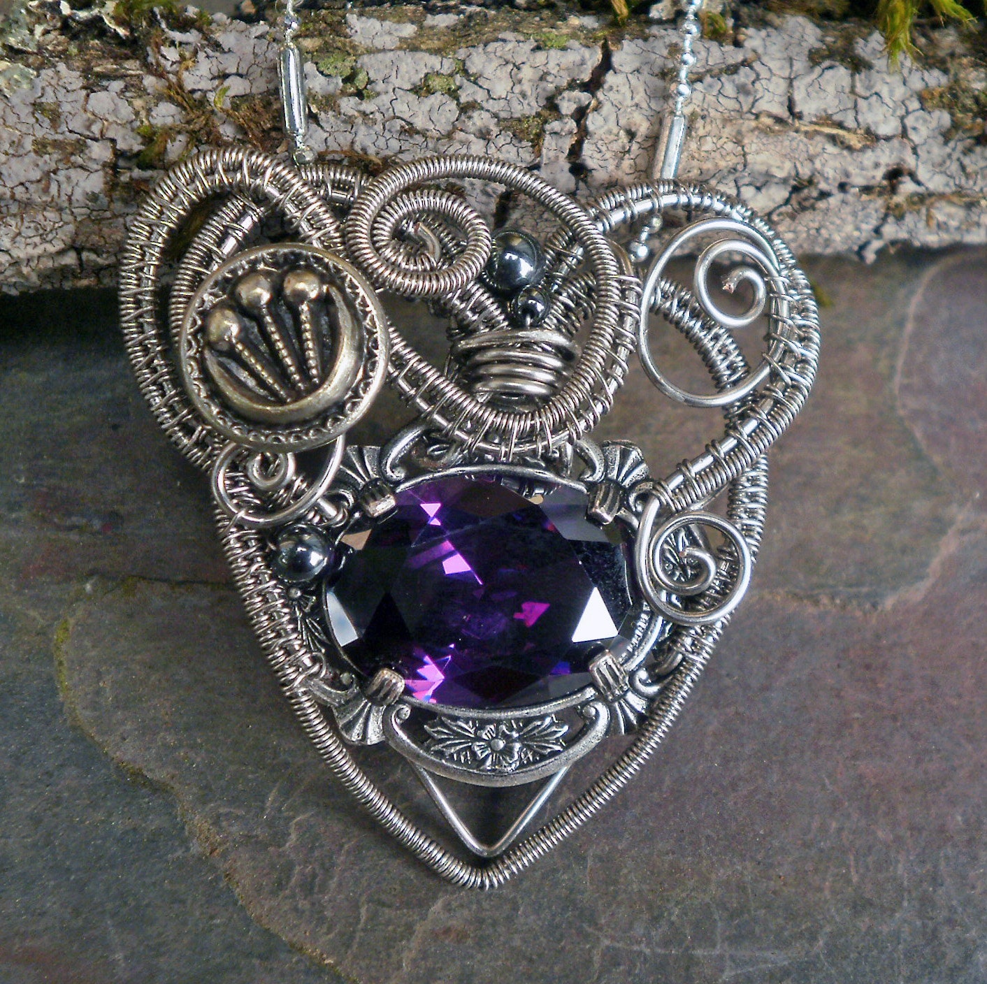 Victorian Steampunk Button Purple Heart Pendant