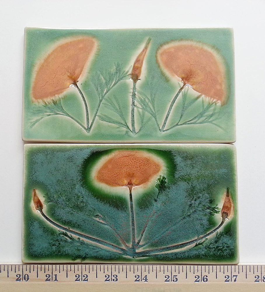 decor tile: handmade California Poppy botanic design green yellow orange glaze craftsman inspired