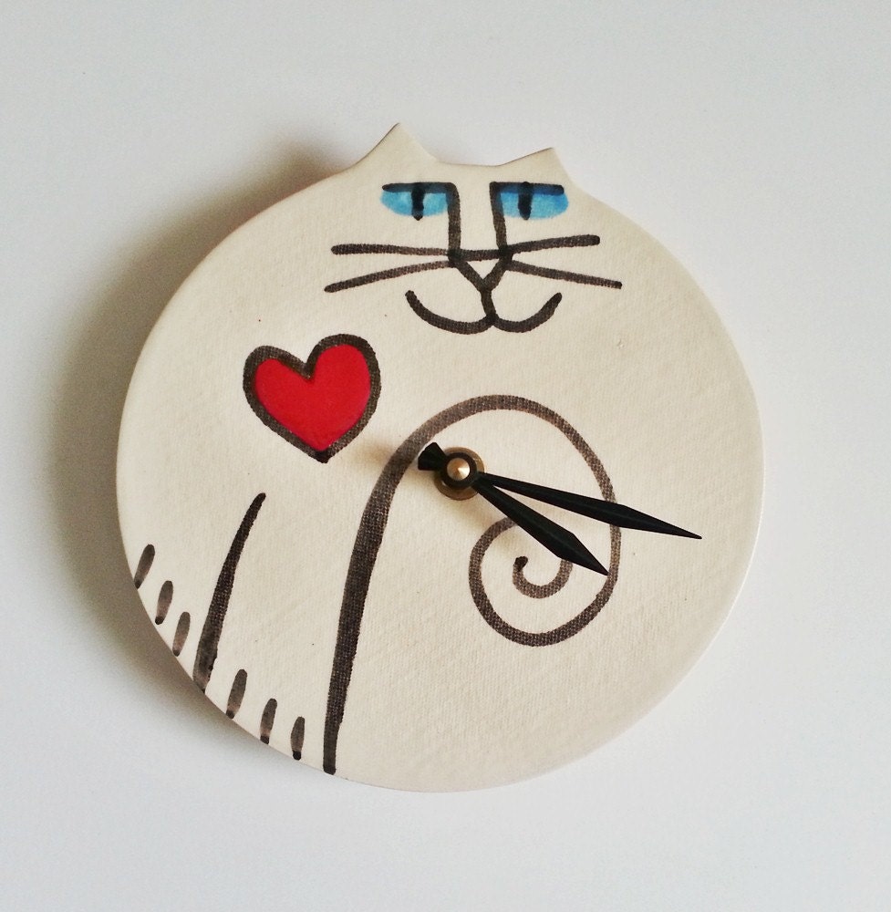 Wall clock: Cat decor handmade red heart white black whimsical Pottery