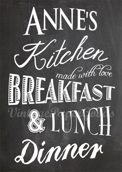 Custom typography kitchen print with your name on chalkboard background