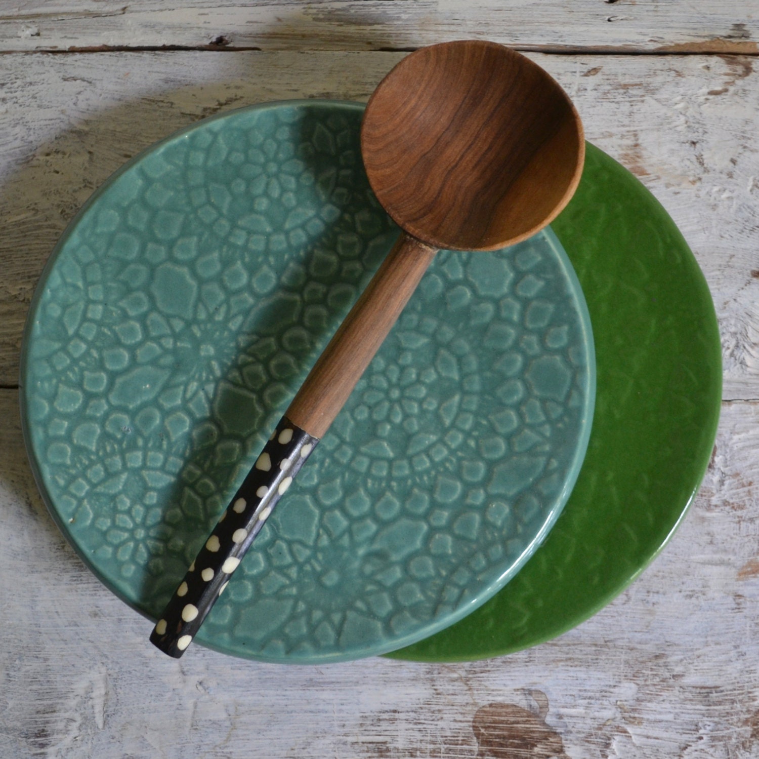 2 Breakfast Plates - Green and Azul - 2 small plates - Wobbly Plates Series
