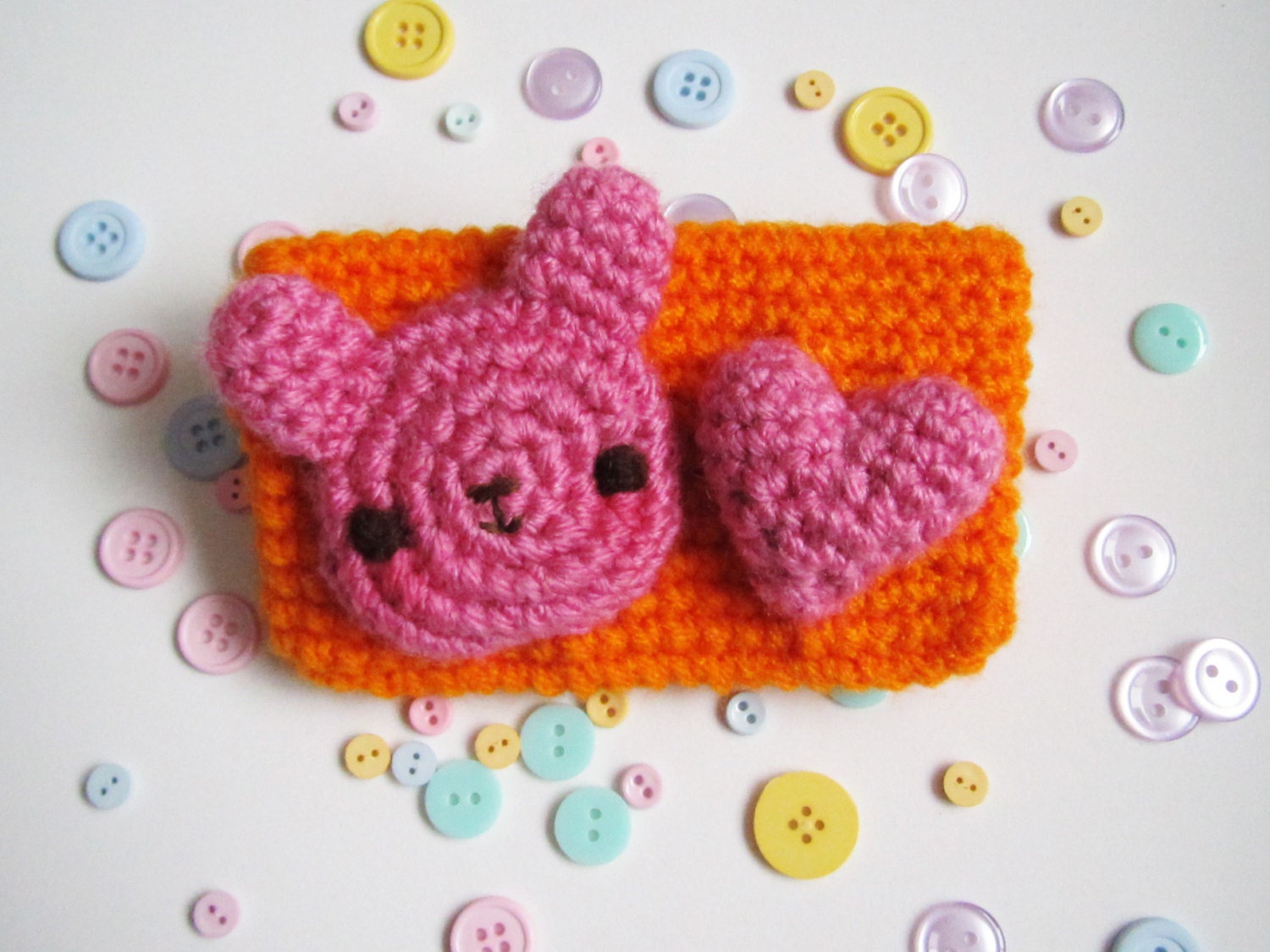 Kawaii crochet - Orange with pink bunny and heart - coin purse - mini wallet
