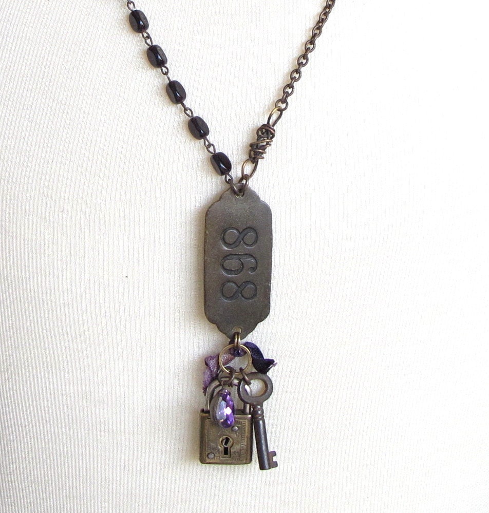 Steampunk Collection Long Necklace OOAK Deep Purple Vintage Tag Lock Key Asymmetrical Dark Brass Exclusive Design By Mystic Pieces