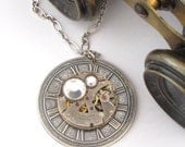 Steampunk Roman Numerals Clock Long Necklace OOAK Vintage Watch Movement Swarovski Exclusive Design By Mystic Pieces
