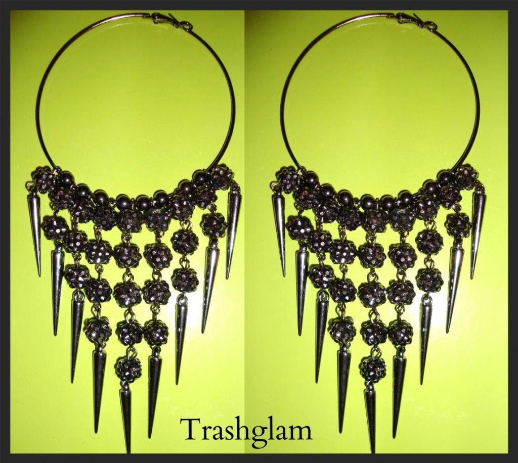 BLACK crystal Shamballa balls SPike HOOP chandelier DROP earrings Celebrity Punk