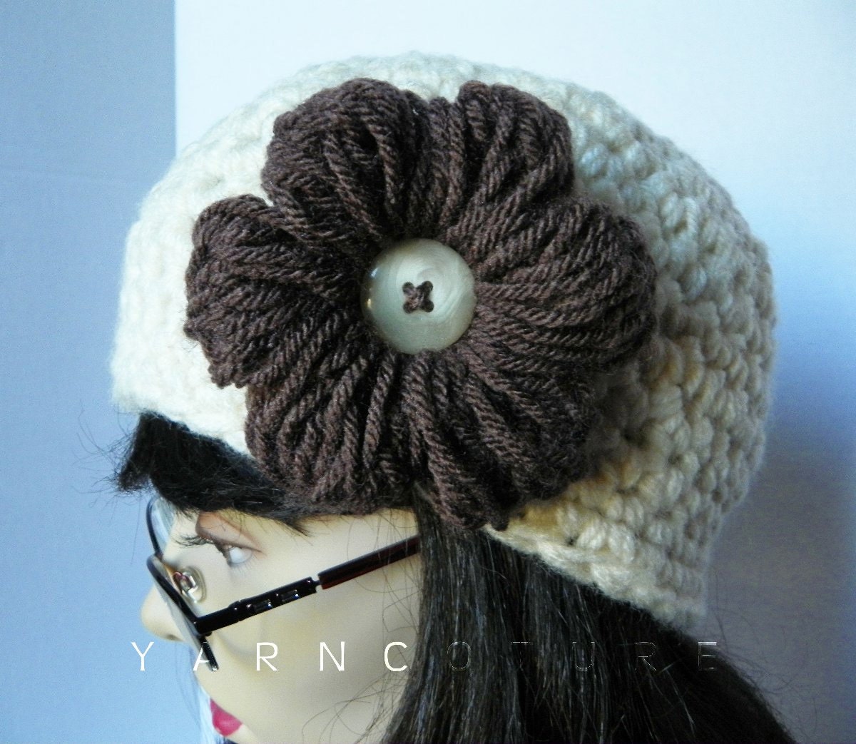 The CHUNKY Cloche / Beanie / Crochet Hat With Crochet Puff Flower, Cream, Spring, Summer, Fall, Winter Fashion