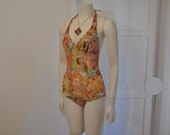1970s swimsuit / Mucha Print Bathing Beauty Vintage 70's Halter Bias Swimsuit