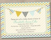 Printable Baby Shower Invitation Yellow Gold Aqua Blue and Gray Chevron Stripes & Bunting