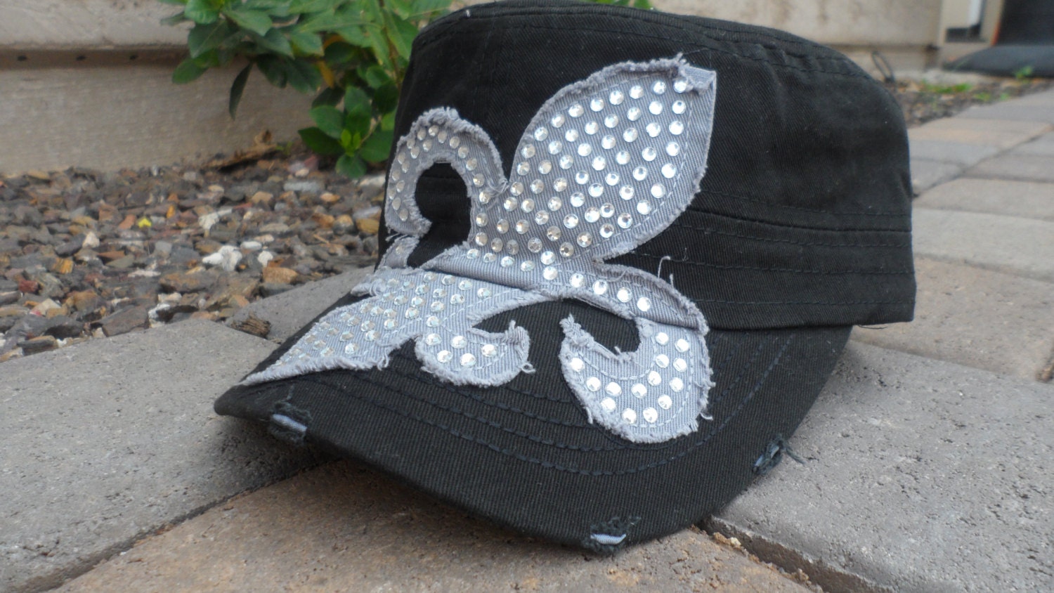 Black Cadet Hat with Grey Bling Fleur de Lis Design