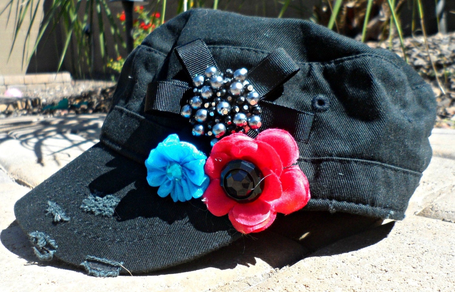 Blue Raspberry Black Cadet Flower Military Distressed Hat with pink blue and black