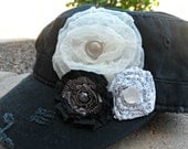Black Beauty Military Cadet Distressed Hat with White Silver and Black Flowers