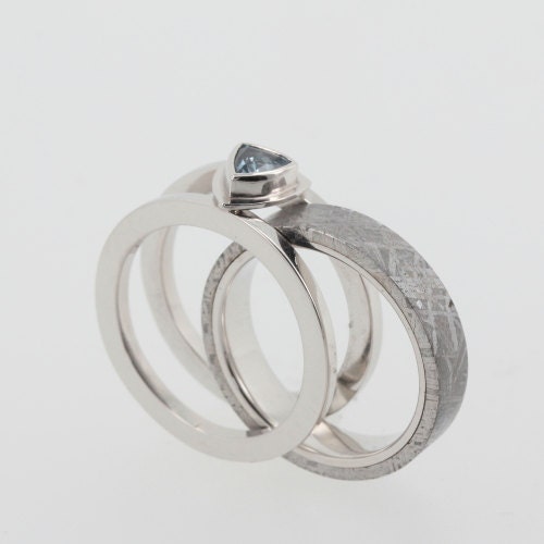 Platinum and Sapphire Ring Guard with Platinum Meteorite Wedding Band or Platinum Mokume Wedding band