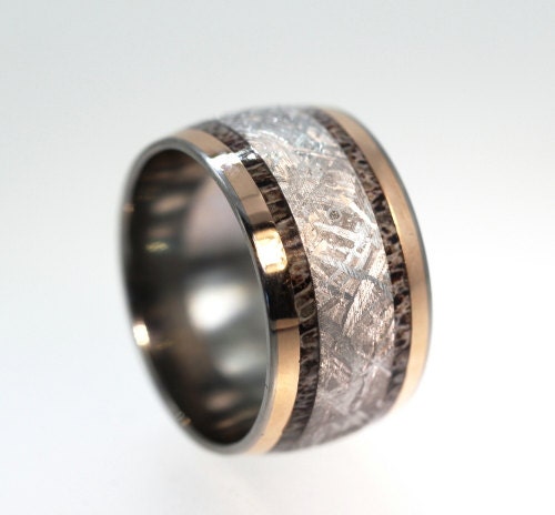 Antler Ring / Gibeon Meteorite Ring / 18K Rose Gold / Titanium Wedding Band - Meteor Ring Signature Series