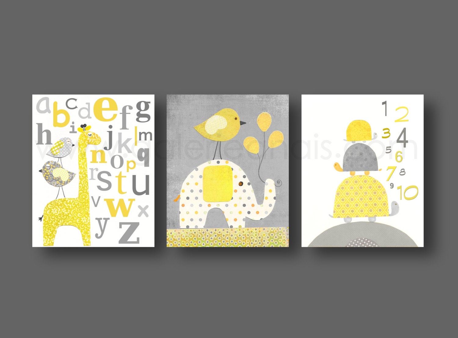 Nursery art, baby nursery decor, Kids, playroom, yellow, gray, bird, giraffe, elephant, turtle, number, alphabet, Set of three 8x10 prints