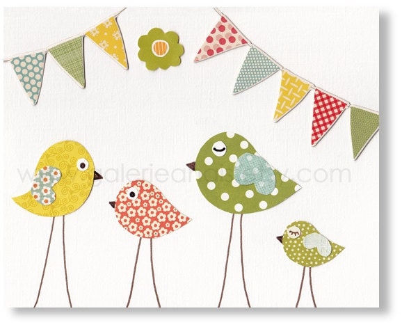 Nursery art prints, baby nursery decor, nursery art, Birds, yellow, green, Party Animal 8x10 print, by GalerieAnais
