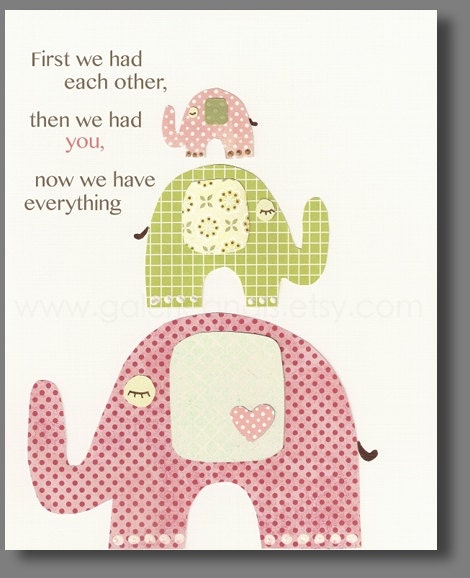 Nursery art print, baby nursery decor, Kids art, nursery girl, pink green, elephant, First we had each other - The Trio  8x10 prints
