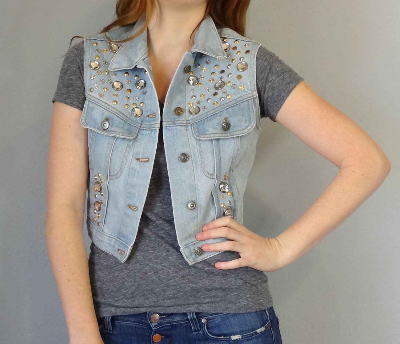Vintage STUDDED Vest / 1990s Denim / Sleeveless Jean Jacket